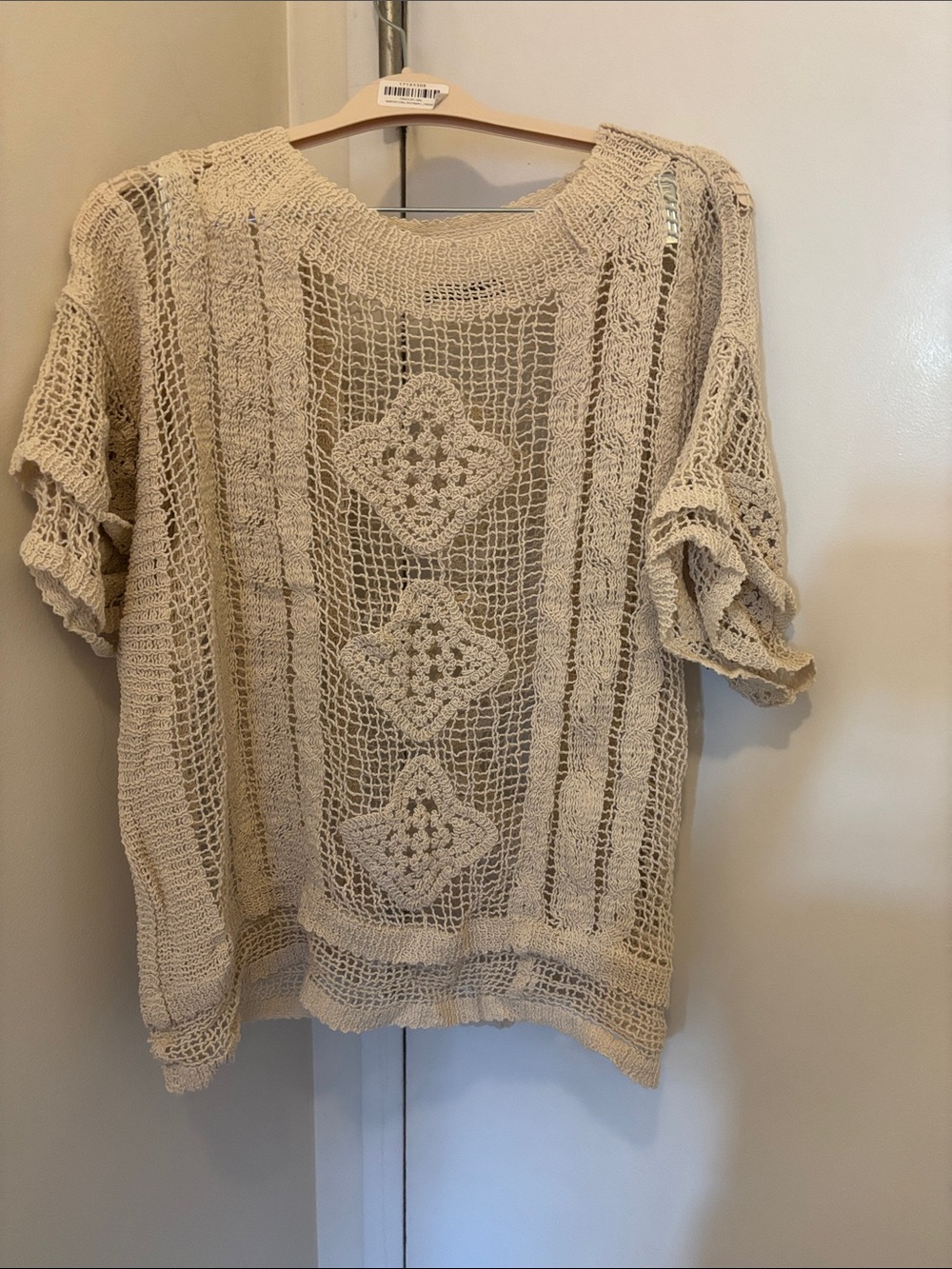 Black Tape_ Cream Crochet Open-Knit Short Sleeve Top